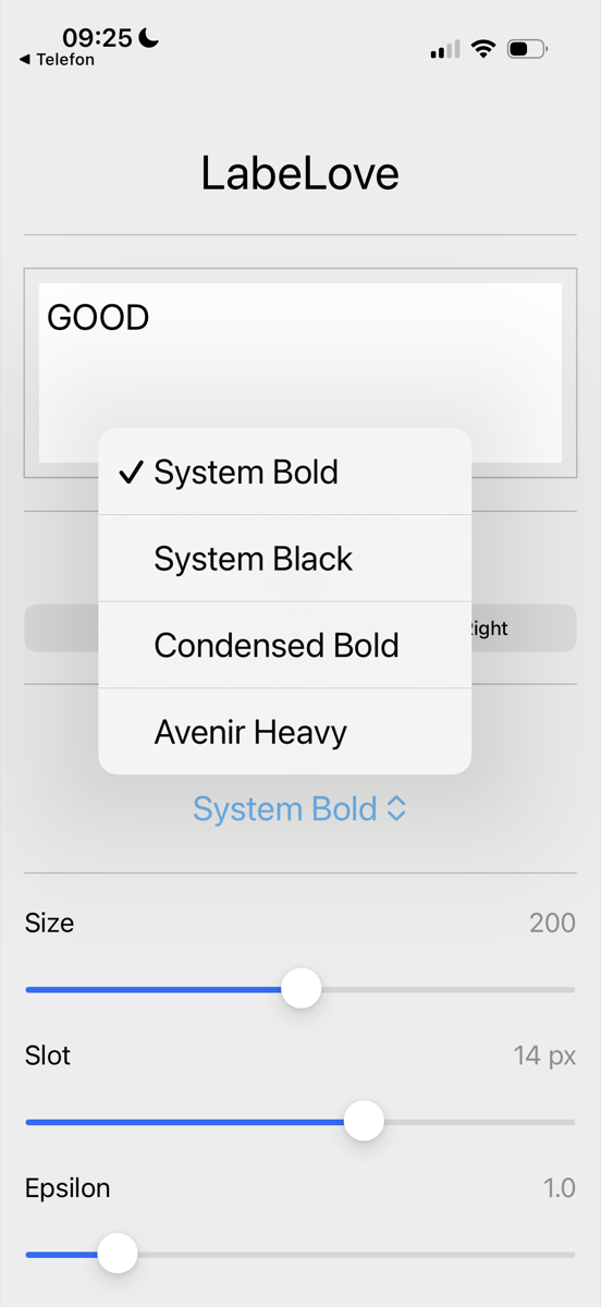 LabeLove iOS text stencil app interface